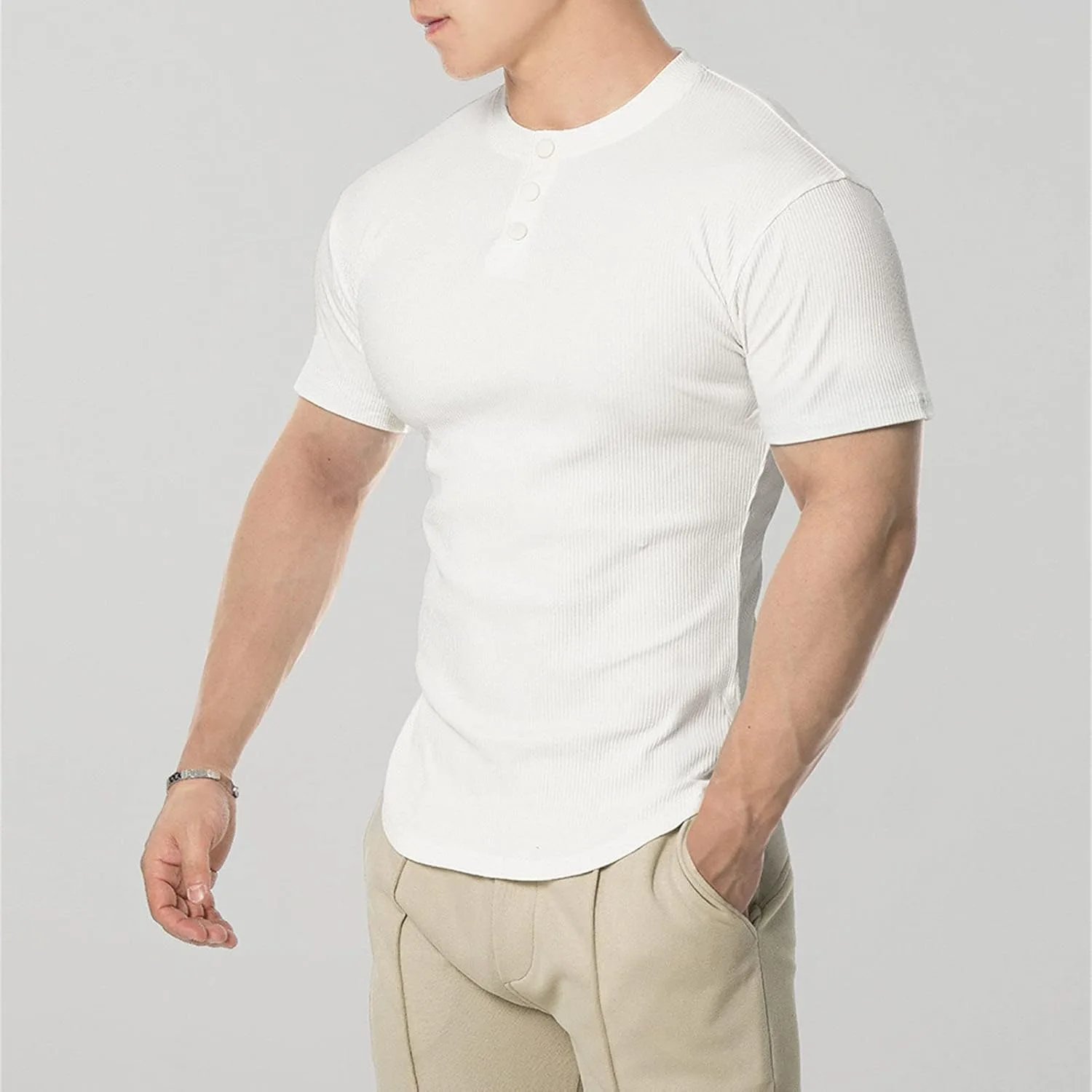 Мужская футболка Henley с пуговицами, Casual, Slim Fit, мягкий хлопок — фото 3