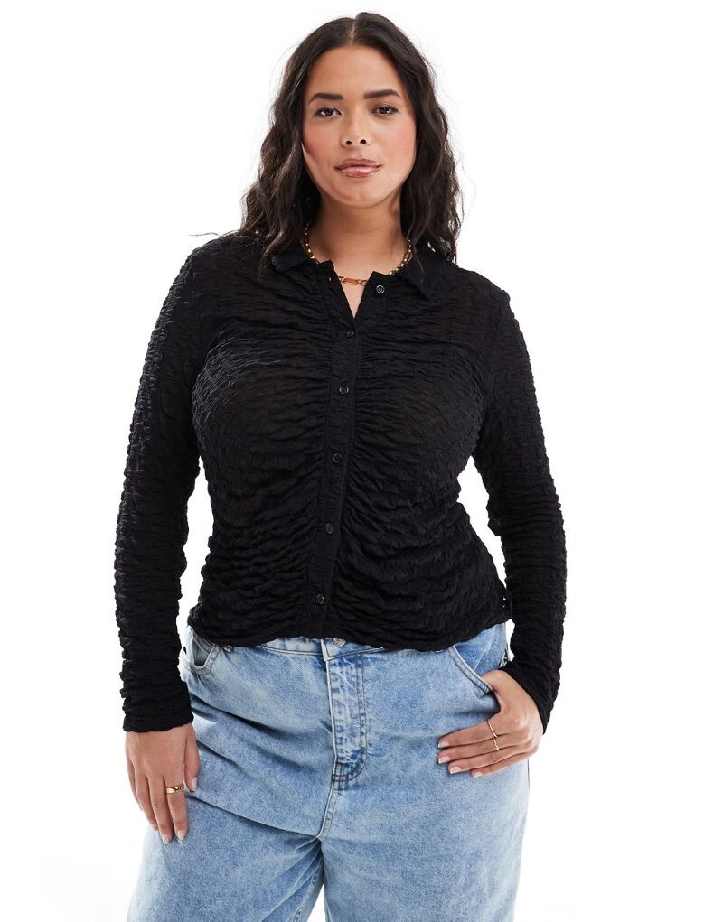 

Черная рубашка из фактурной сетки со сборками ASOS DESIGN Curve