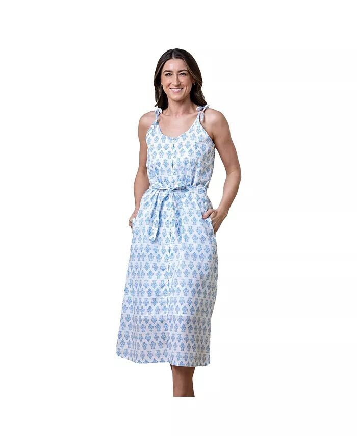 

Женский сарафан без рукавов из органического материала с поясом и пуговицами спереди Hope & Henry, синий