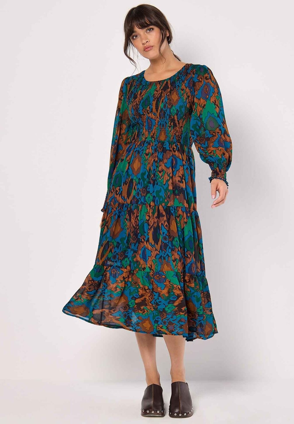 

Дневное платье SMOCKED IKAT MIDI Apricot, бирюзовый