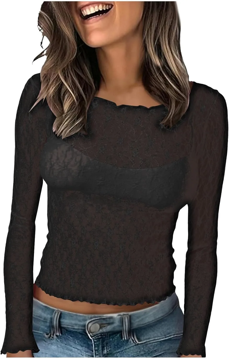 

Женский топ Floral Lace Sheer с длинными рукавами и приталенным кроем Xiaojmake