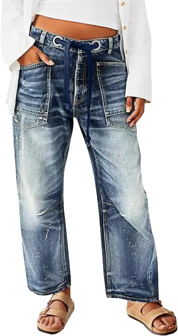 

Женские модные джинсы Boyfriend Mid Rise с потертостями и шнурком на талии TACSTRUN