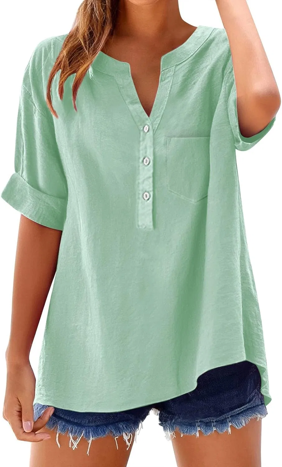 Блуза с V-образным вырезом, 3/4 рукава, с вышивкой, Mint Green — фото 2