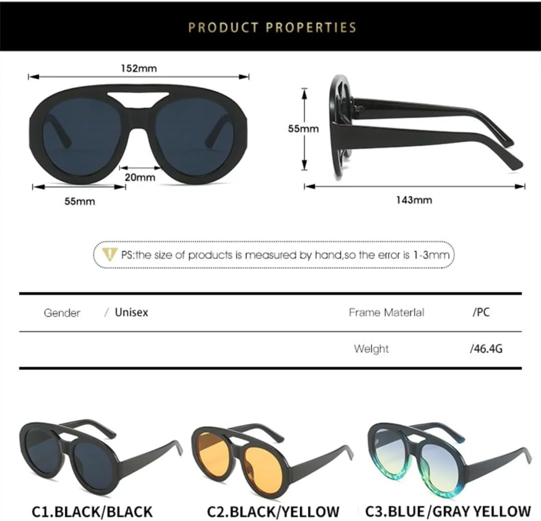 

Круглые солнцезащитные очки большого размера для женщин, овальные для мужчин, винтажные очки класса люкс с защитой от УФ-излучения UV400 UATXTAU, Yellow