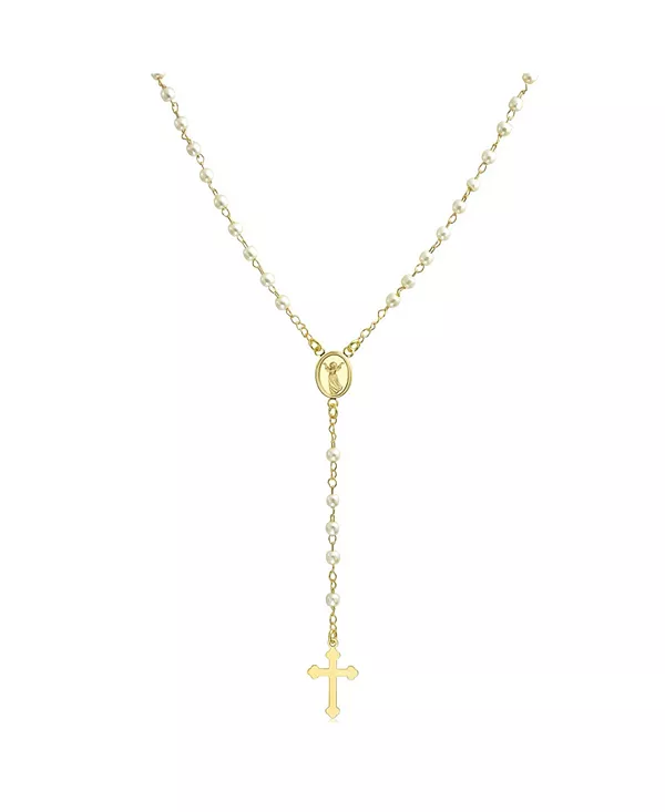 

Изящное религиозное ожерелье-четки в виде ангела-хранителя с белым искусственным жемчугом из позолоченной латуни Bling Jewelry, gold