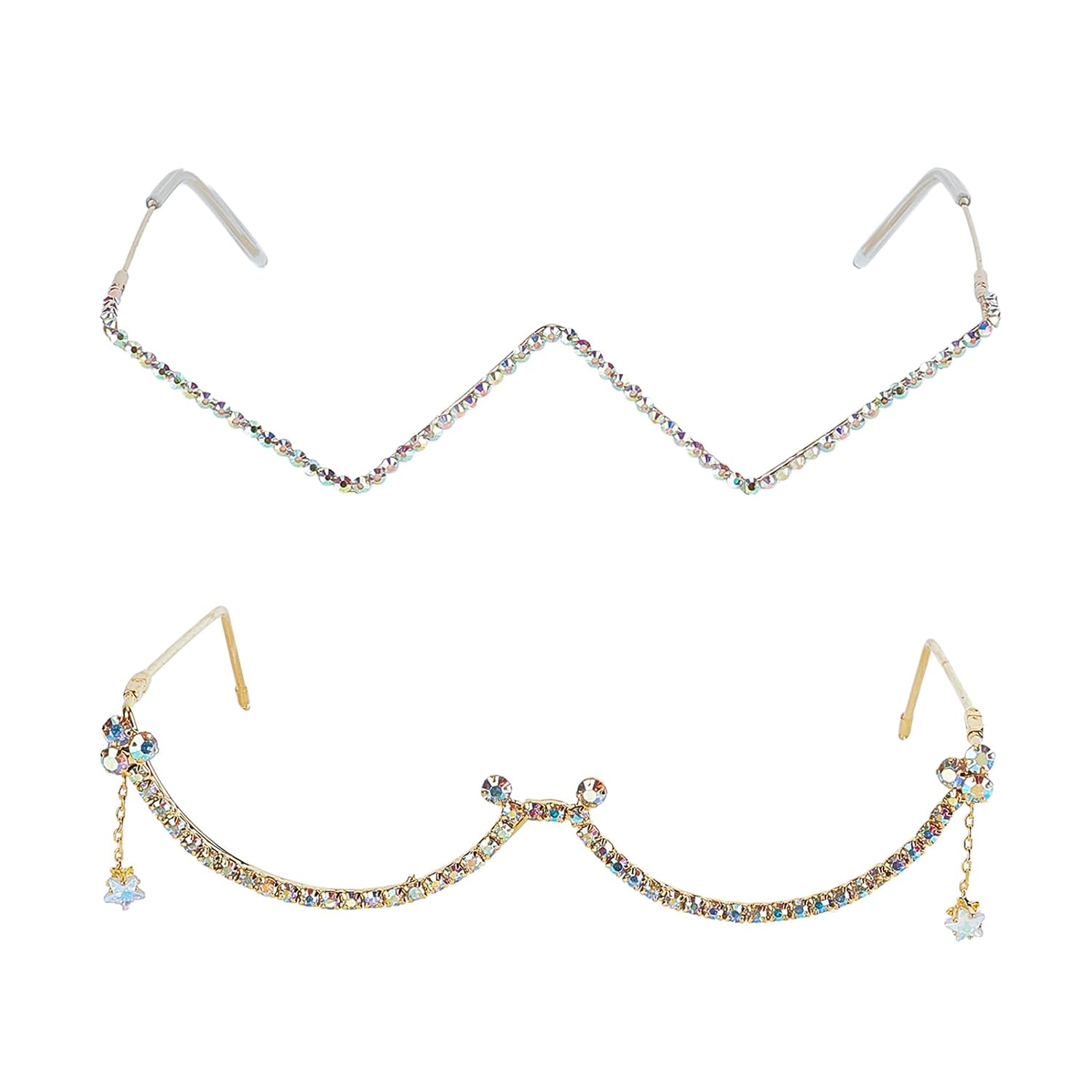 

Очки NICENEEDED без линз, оправа с бриллиантами, металлические очки V-образной формы с кристаллами, полуободковые солнцезащитные очки без линз, украшенные стразами, для женщин, SilverSize: 16cmApplication: WomenQuantity: 2