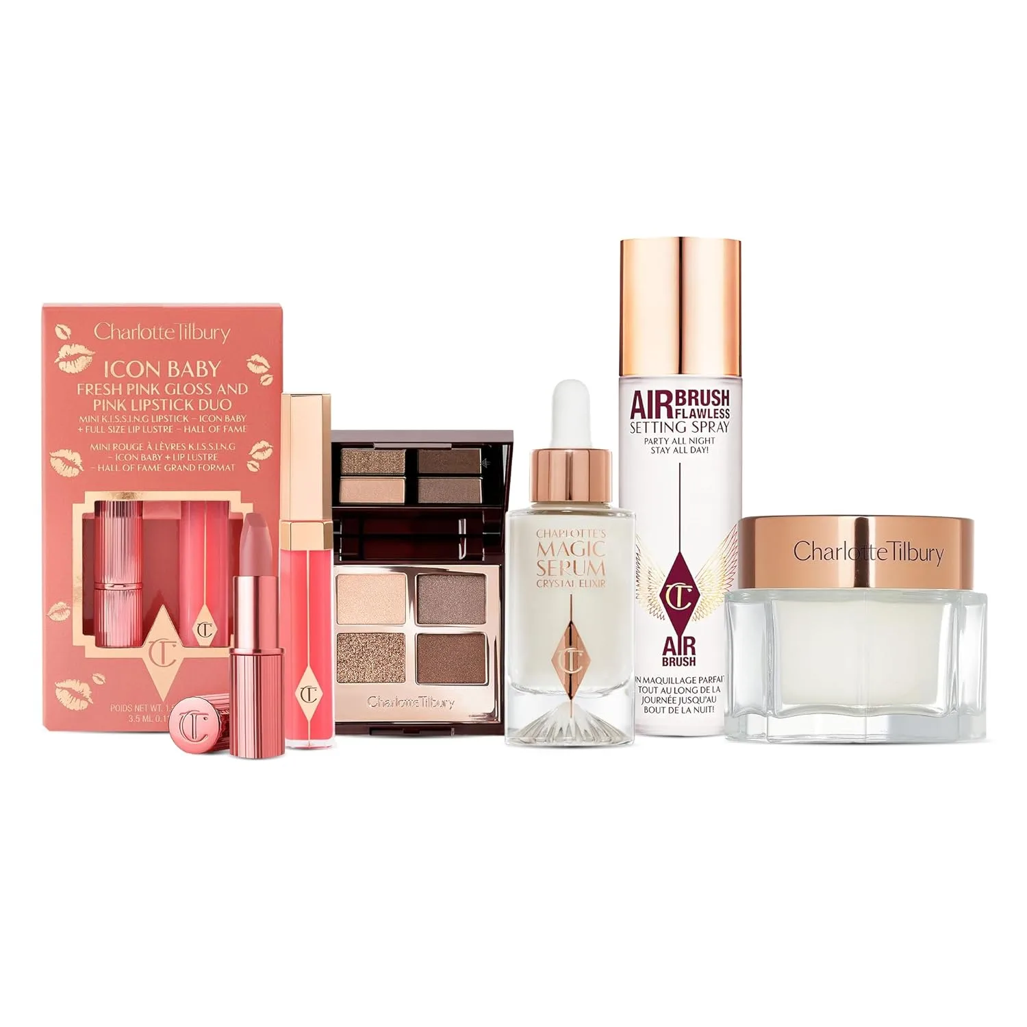 Набор Charlotte Tilbury Holiday Beauty - спрей для фиксации макияжа Airbrush Flawless 100 мл, крем Charlotte's Magic 30 мл, сыворотка Magic 8 мл, палетка теней Golden Goddess и бальзам для губ Icon Baby, The Golden Goddess, Icon Baby, Hall of Fa...