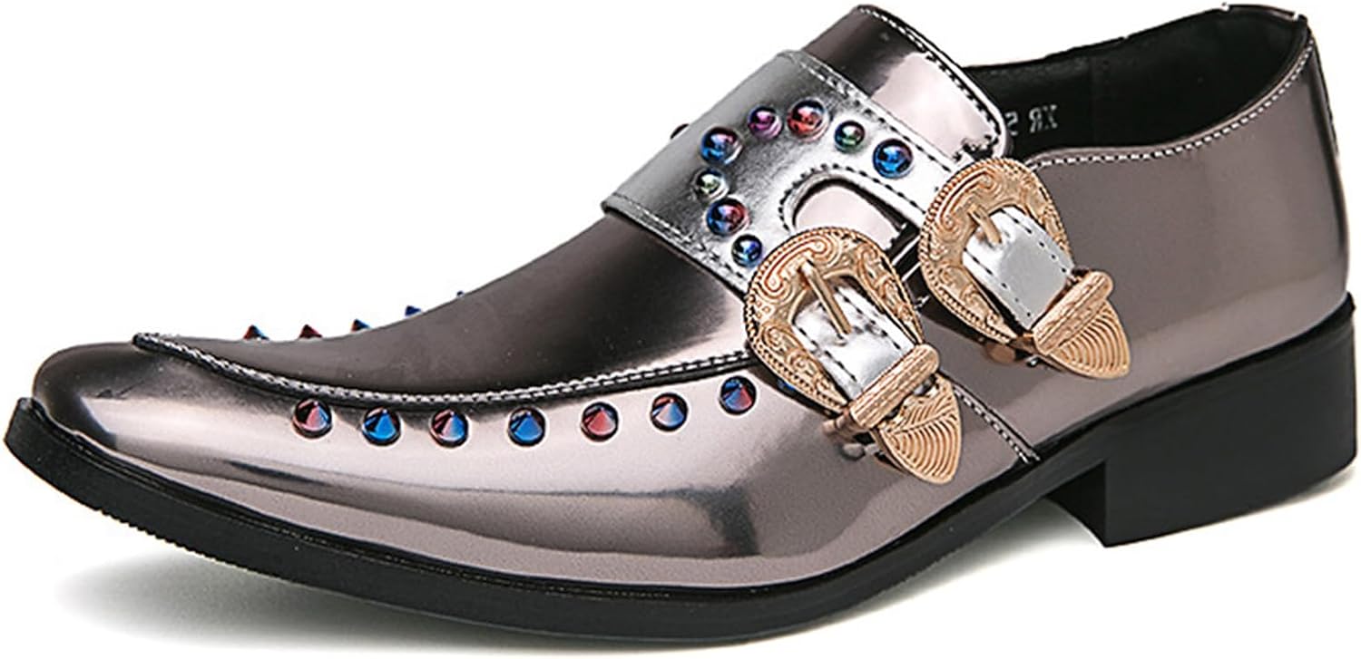 

Мужские лоферы с острым носком из лакированной кожи с двойной монаховской пряжкой, заклепками, без шнуровки, нескользящие, водонепроницаемые, с поддержкой свода стопы, стиль Оксфорд, формальные деловые туфли Riceelsor, серебро