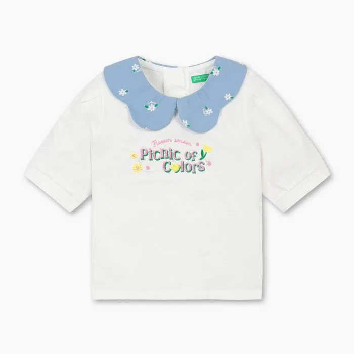 Детская футболка-поло с цветочным принтом айвори от Benetton Kids