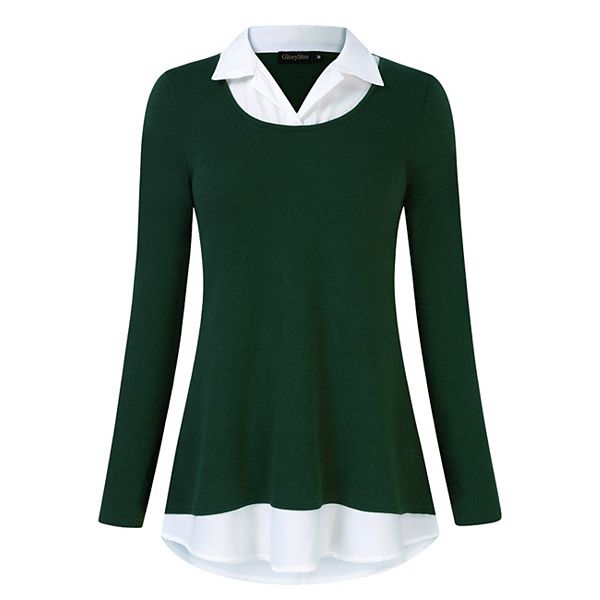 

Женская блуза с контрастным воротником и длинным рукавом Clearflower, Dark Green