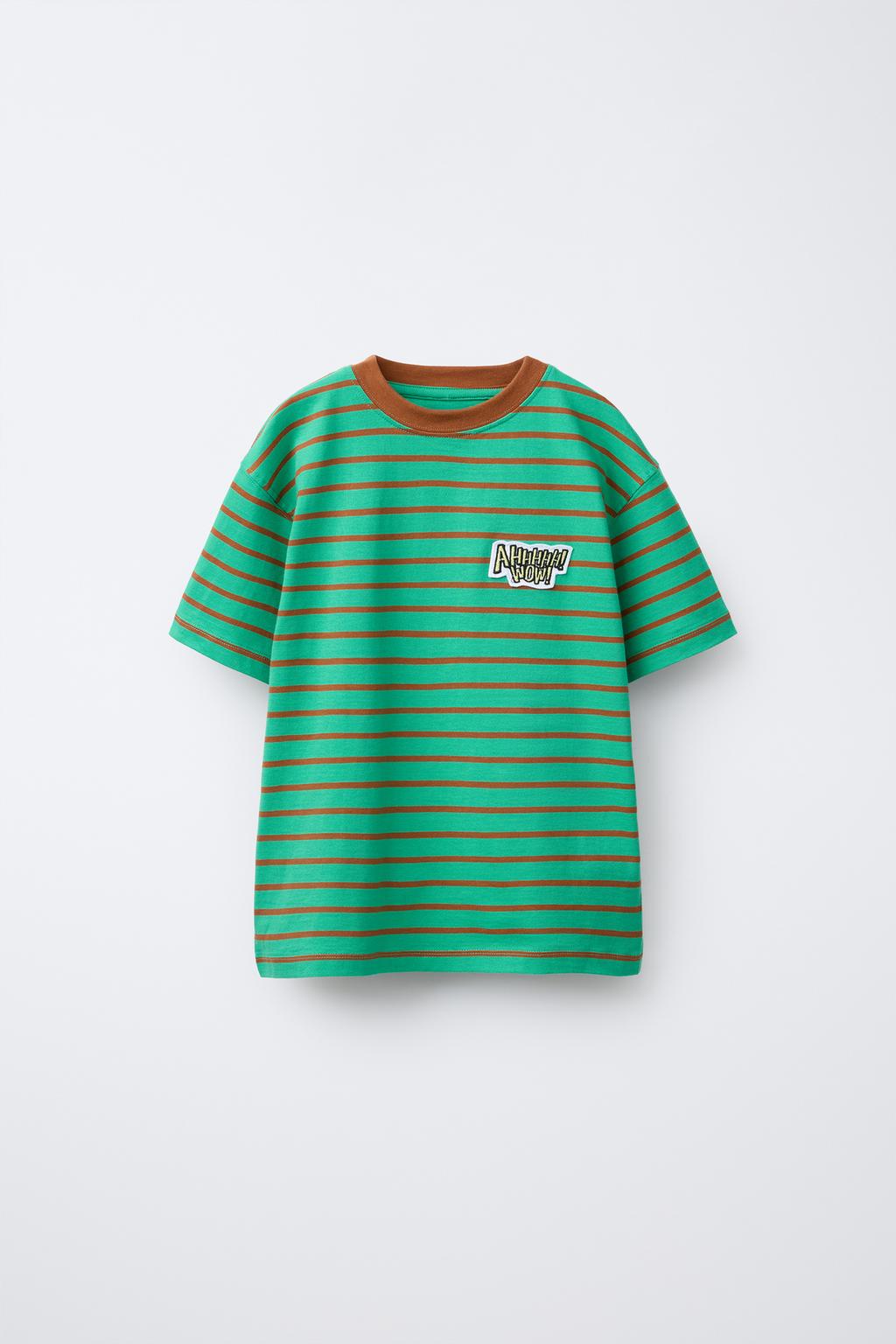 

Футболка с вышивкой в полоску ZARA, цвет Green stripe