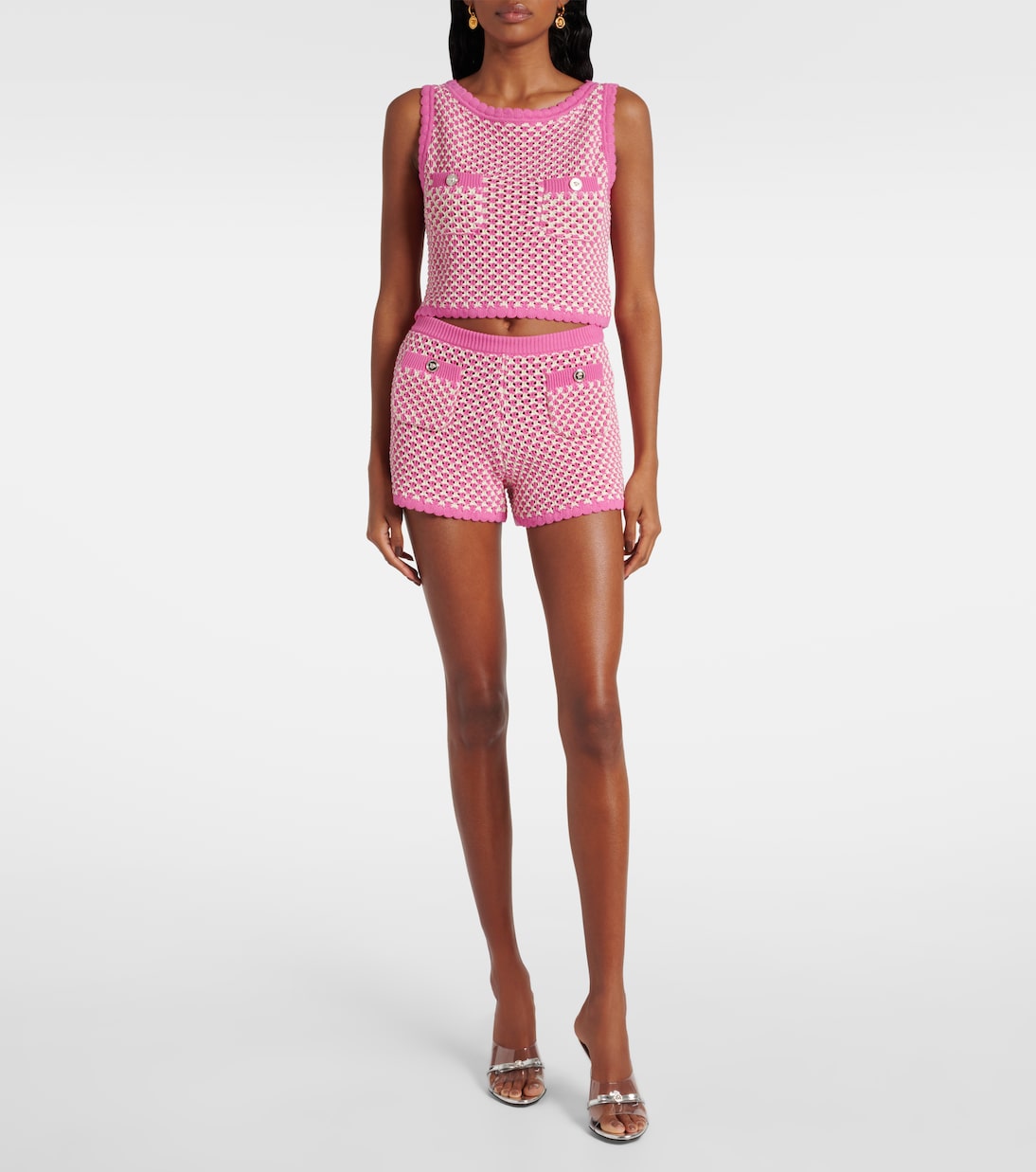 Кроп-топ из хлопковой смеси с вязаным узором Versace, Eggshell+Guava — фото 2
