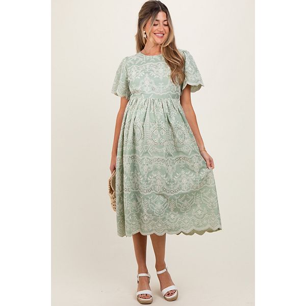 

Платье миди для беременных, оливкового цвета, с цветочной вышивкой и завязками на талии. Pinkblush