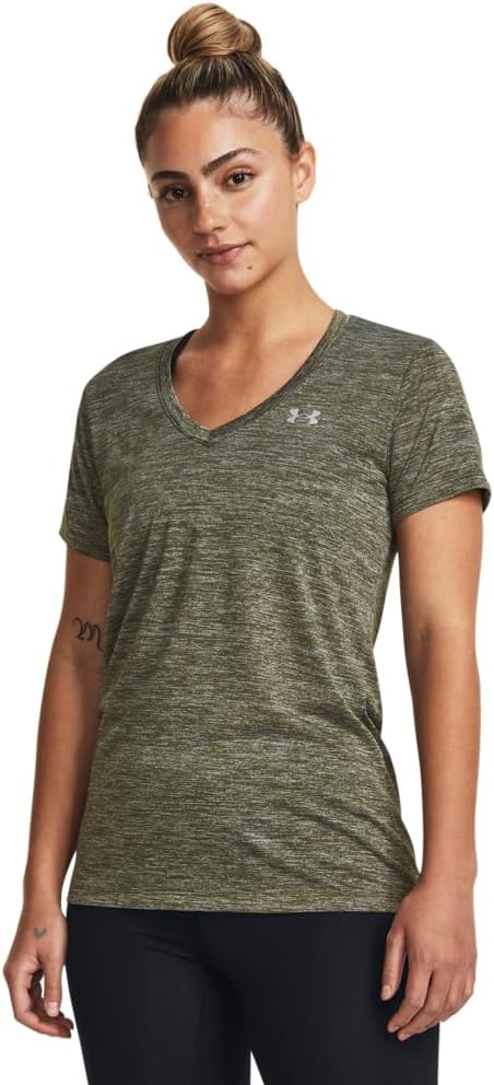 

Under Armour женская футболка Tech V-Neck Twist с коротким рукавом, (390) Marine Od Green/White/Metallic Silver