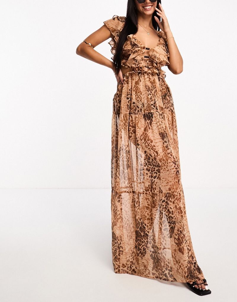 

Пляжное платье макси с леопардовым принтом и оборками Miss Selfridge