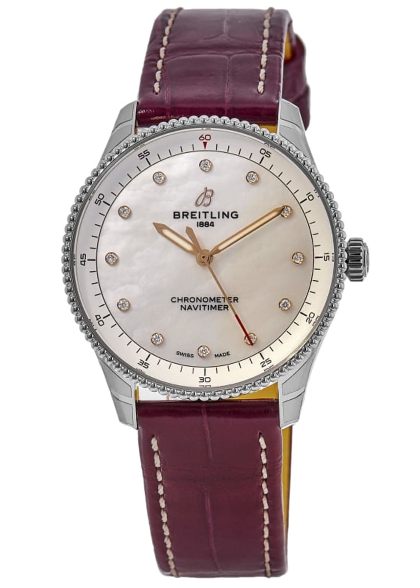 

Женские часы Breitling Navitimer 32 с кварцевым циферблатом из перламутра и бриллиантами, кожаным ремешком бордового цвета A77320E61A2P2