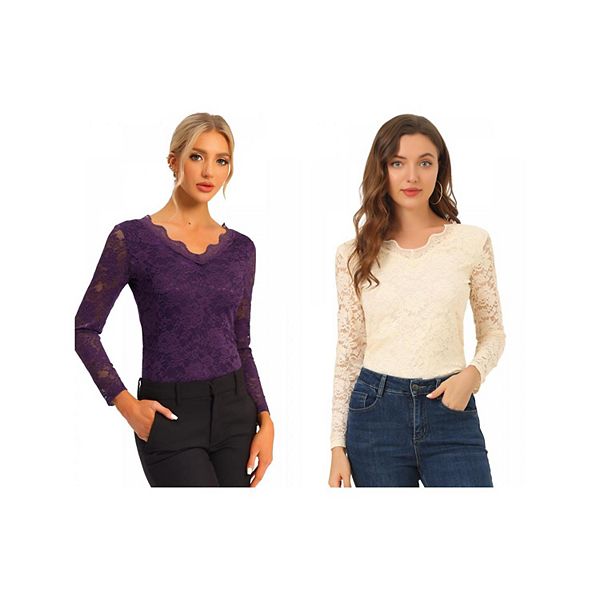 

2 упаковки женской блузки с цветочной вышивкой и длинными рукавами из кружева Inspire Chic, Purple Beige