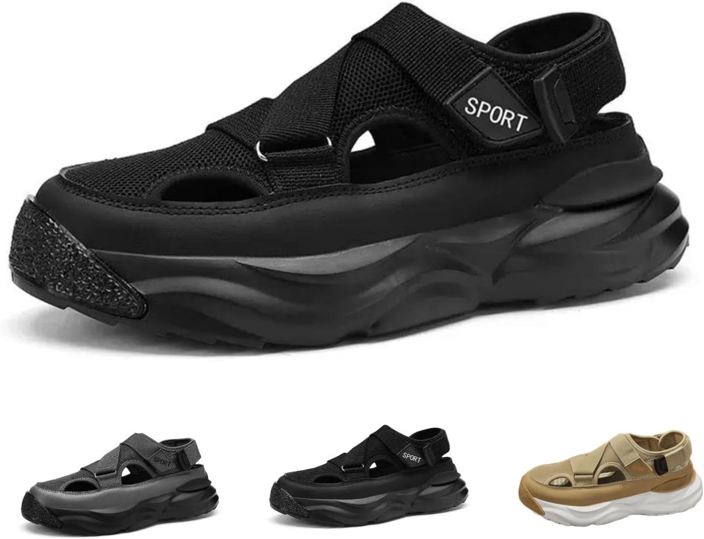 

Летние дышащие походы Массивные сандалии для мужчин и женщин Закрытые садовые засоры Противоскользящий пляж водные сандалии Macefil, черный