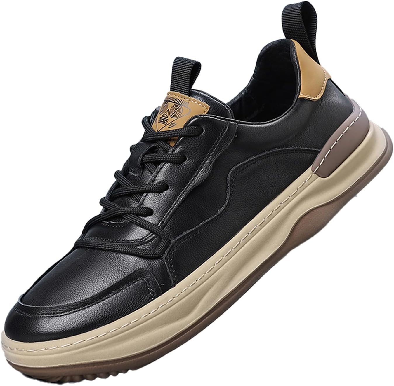 

Мужские кроссовки на платформе из натуральной кожи, с классическим круглым носком, шнуровкой, ручной прошивкой, обувь для прогулок с эффектом увеличения роста, повседневные, нескользящие, для тенниса и вождения Qwuieoin, черный