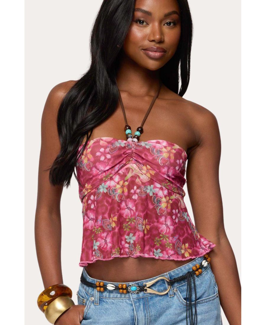 

Женский топ Solana с цветочным принтом и вырезами, с завязками на шее Edikted, Pink