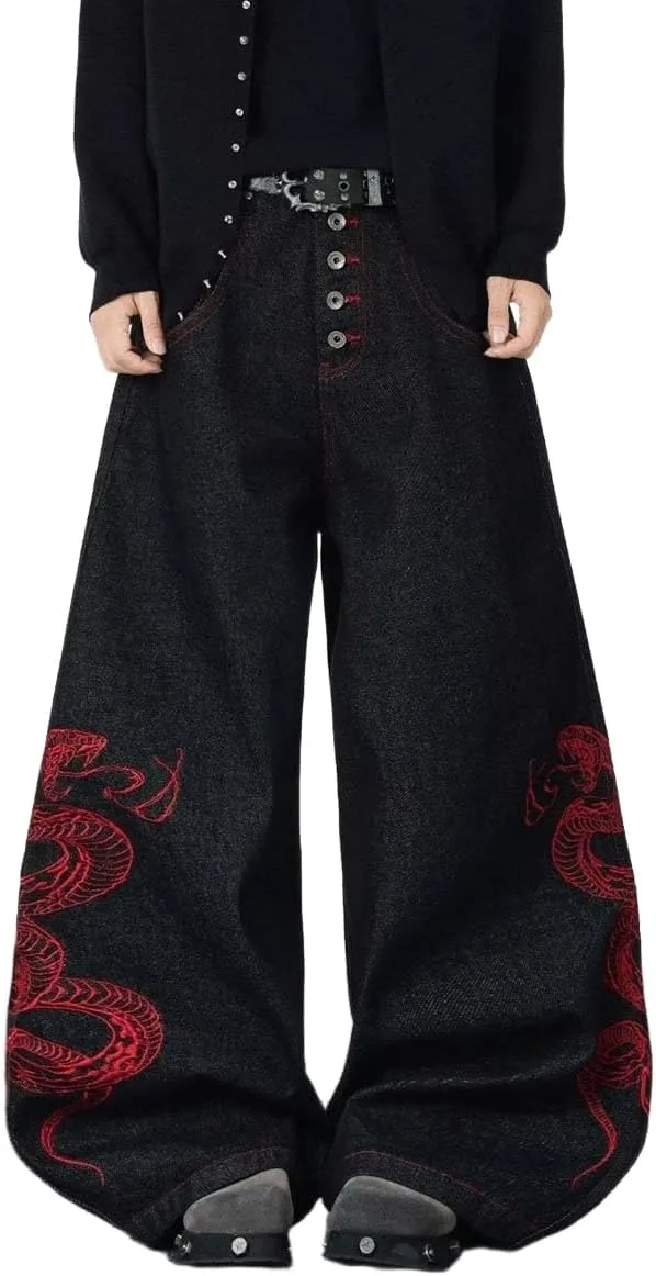 

Y2K джинсы с вышивкой и готическим дизайном красной змеи, barrel leg и свободный крой MLAFE
