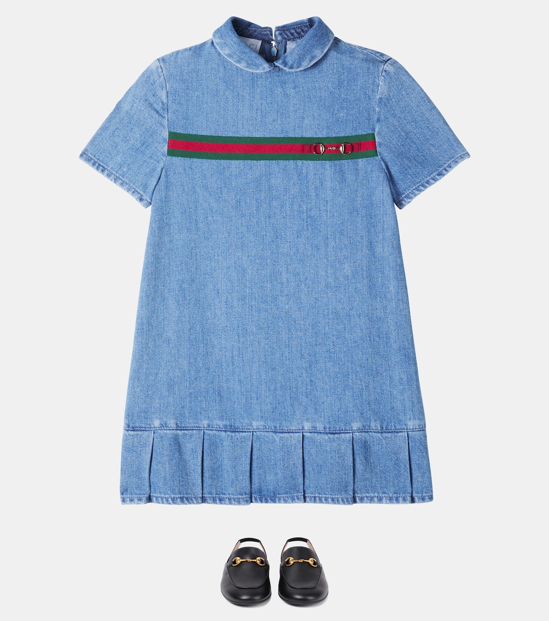Платье деним с полосками и пряжкой Horsebit Gucci Kids, Light Blue/Mix — фото 2