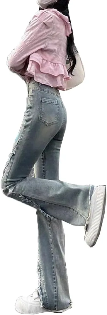 Женские облегающие расклешенные джинсы осень Horseshoe брюки Slim Fit с вставками Generic, синий — фото 3