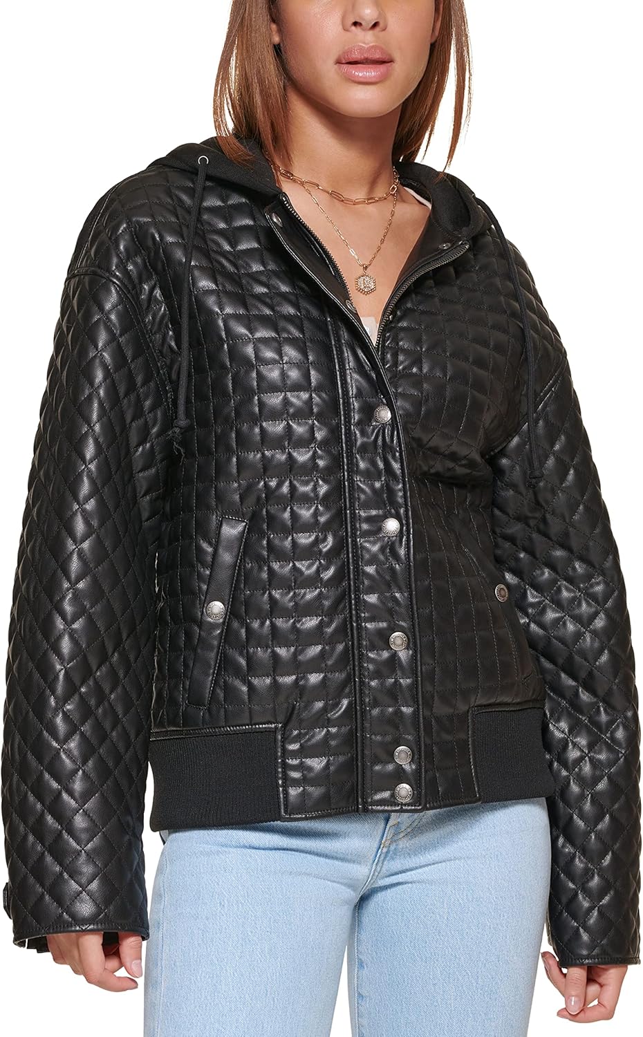 

Женская стеганая куртка Levi's Box из искусственной кожи с капюшоном из джерси, Black