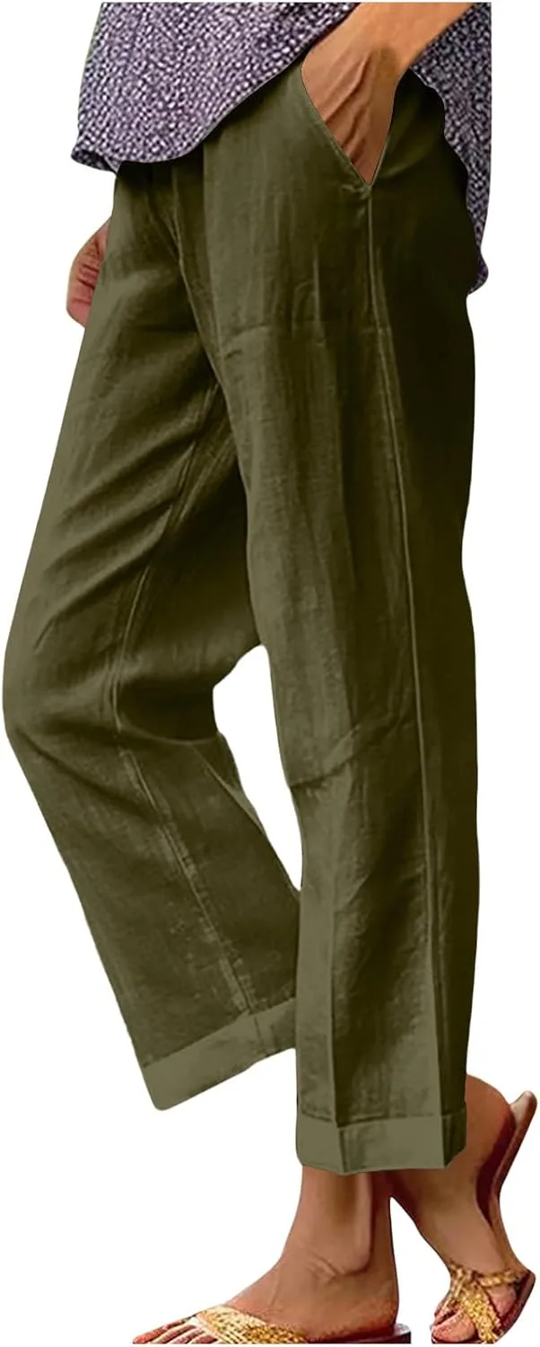 

Женские брюки YRAETENM из хлопка и льна с высокой талией и широкими штанинами