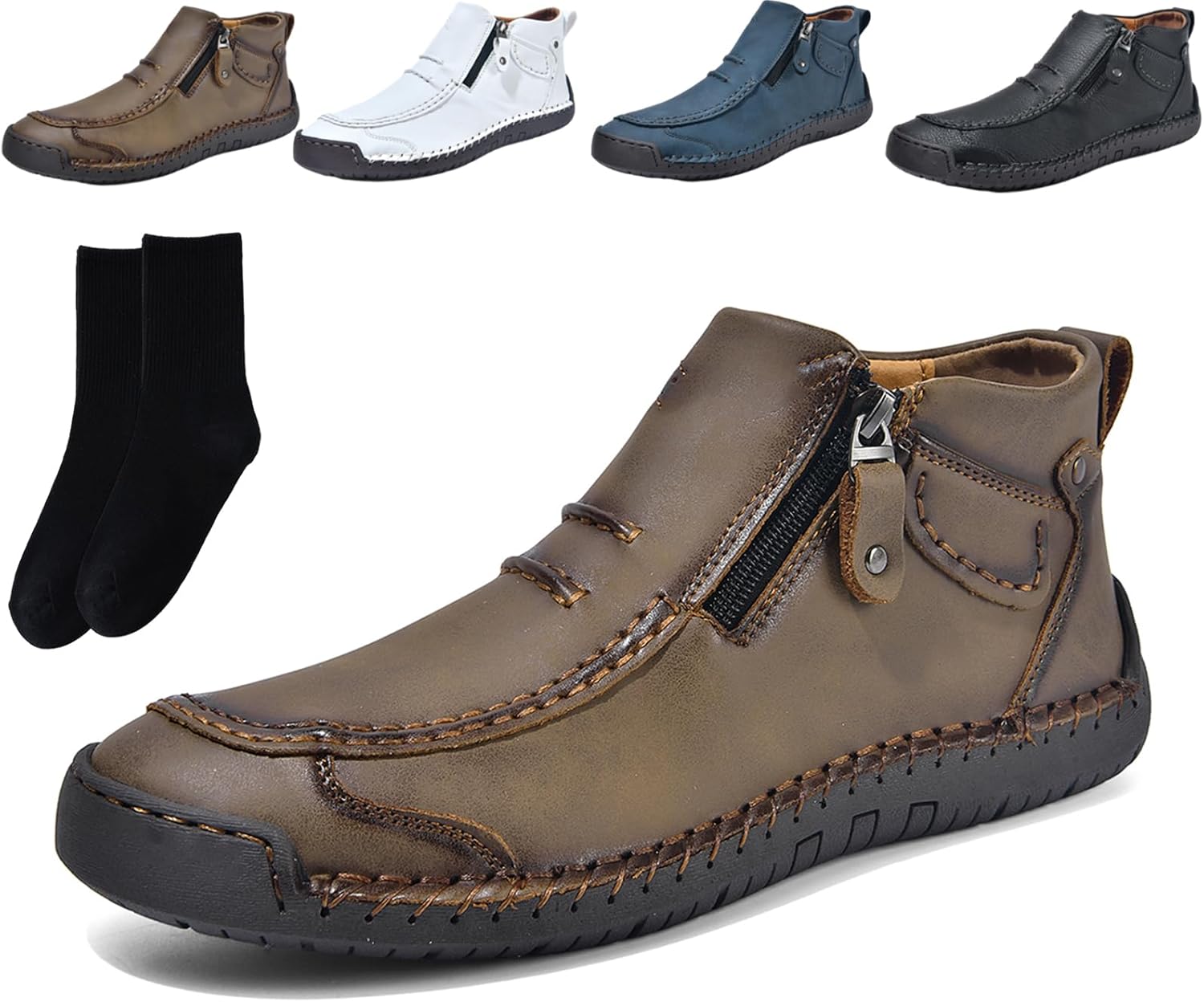 

Мужские ортопедические кожаные ботинки XYLAWAVE с боковой молнией, слипоны, ручная работа, винтажные мужские лоферы из искусственной кожи, обувь для вождения, повседневные удобные ботинки до щиколотки с противоскользящей подошвой, хаки