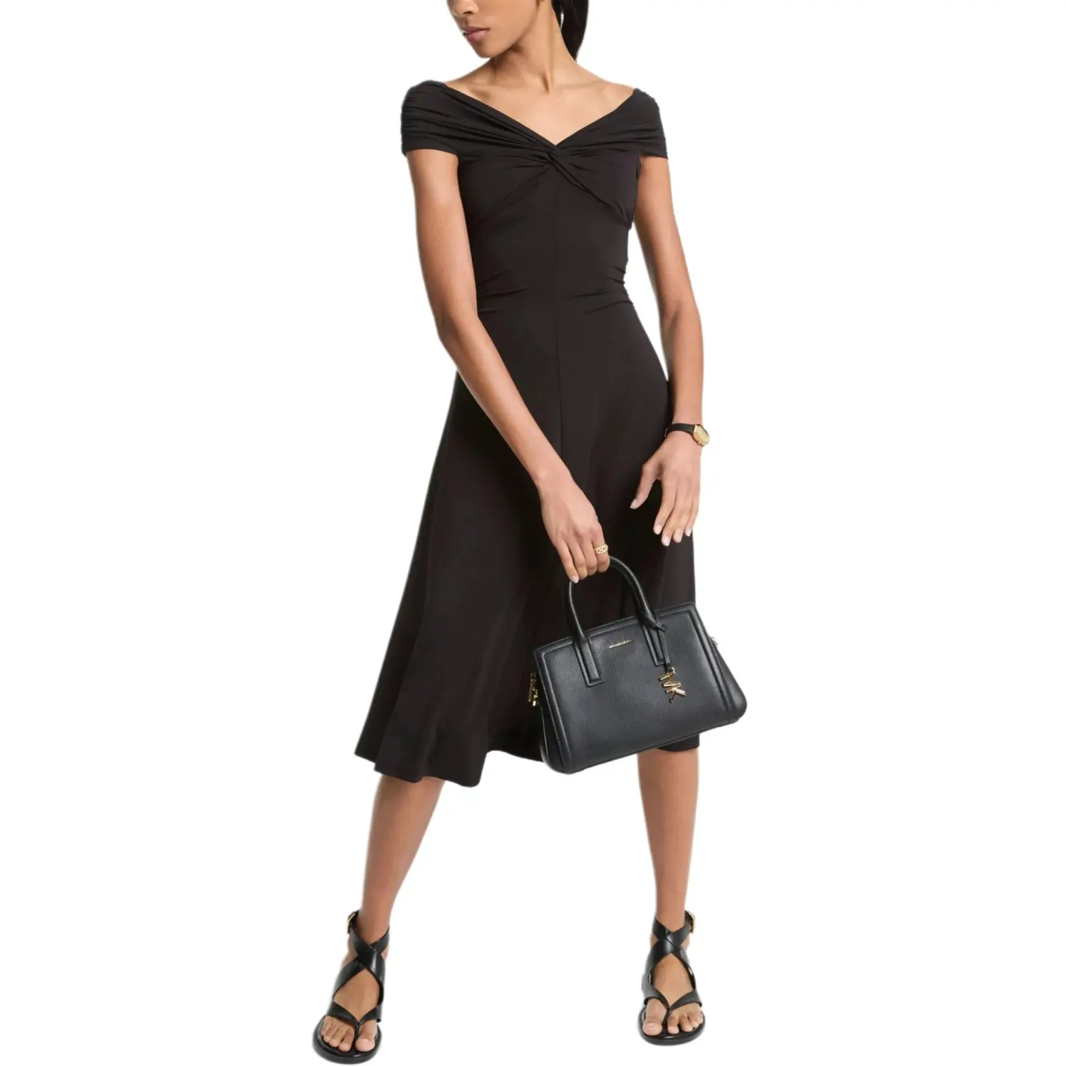 

Растягивающееся вискозное платье миди с открытыми плечами MICHAEL KORS, черный