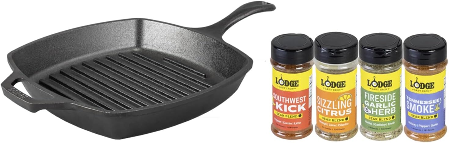 

Комплект заранее приправленной чугунной квадратной сковороды для гриля Lodge диаметром 10,5 дюймов + смесь для обжарки Lodge (4 шт.) — набор разнообразия