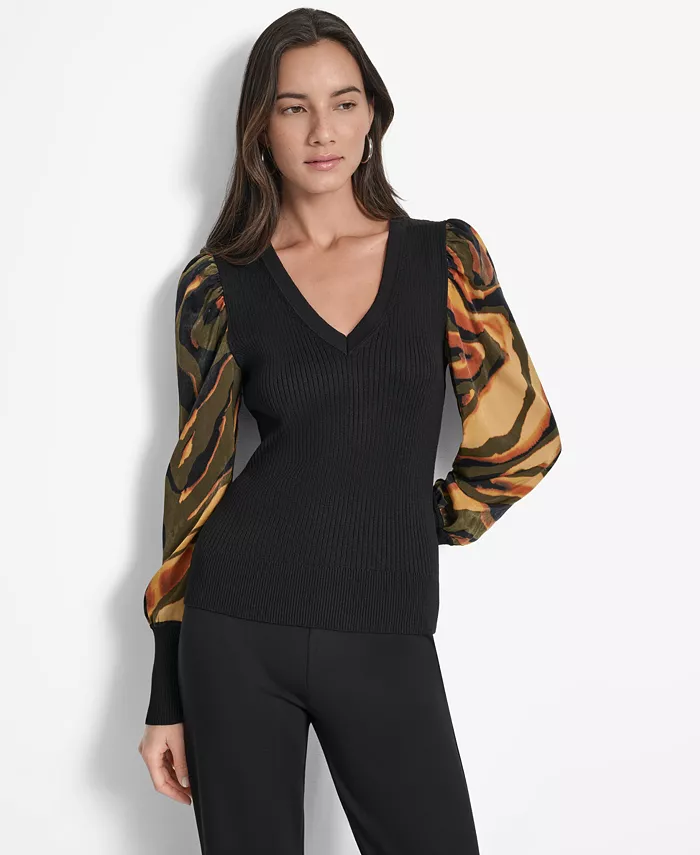 

Женский джемпер из атласа с V-образным вырезом и длинными рукавами DKNY, желтый