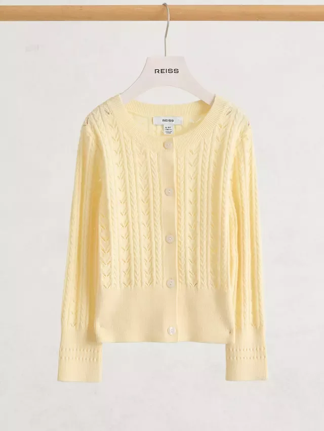 Детский кардиган из смесовой хлопковой ткани с ажурным узором Reiss, Lemon — фото 2