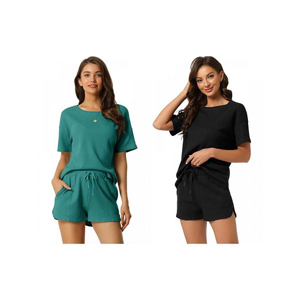 

2 комплекта женских лоунж-сетов с карманами, футболка и шорты Inspire Chic, Black Peacoke Green