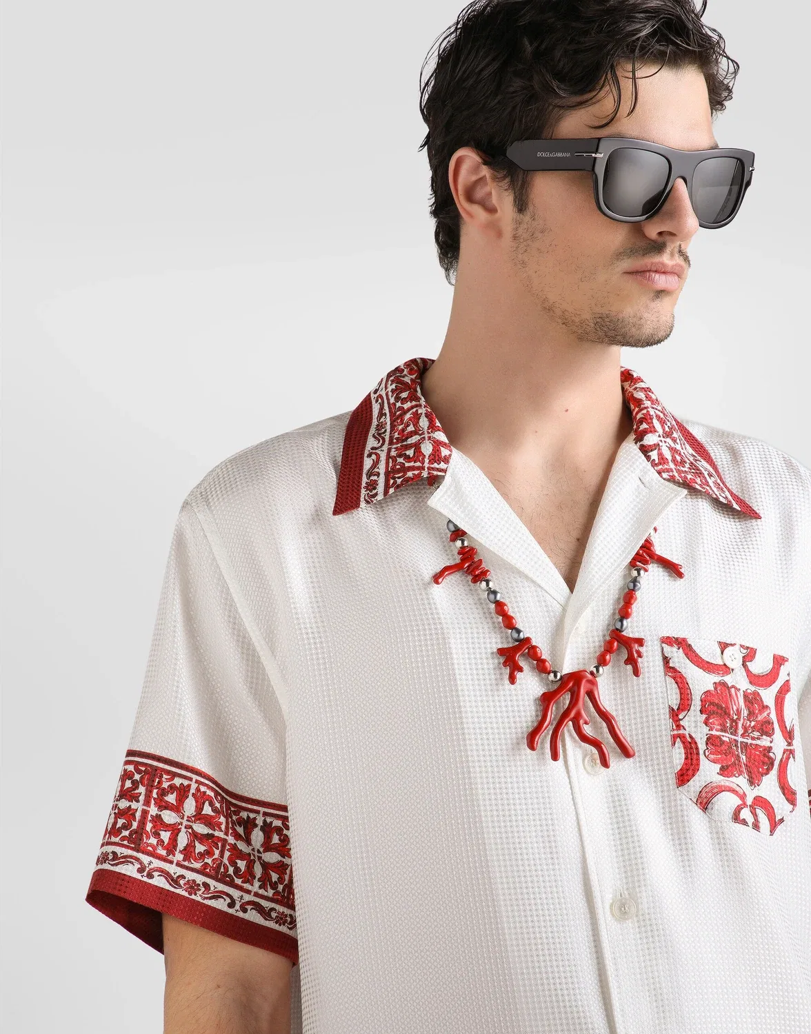 Гавайская рубашка с жаккардовым принтом в стиле майолики DOLCE & GABBANA, бежевый — фото 4