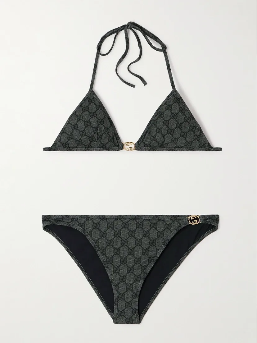 Бикини Gucci декорированное с принтом, с завязками, черный