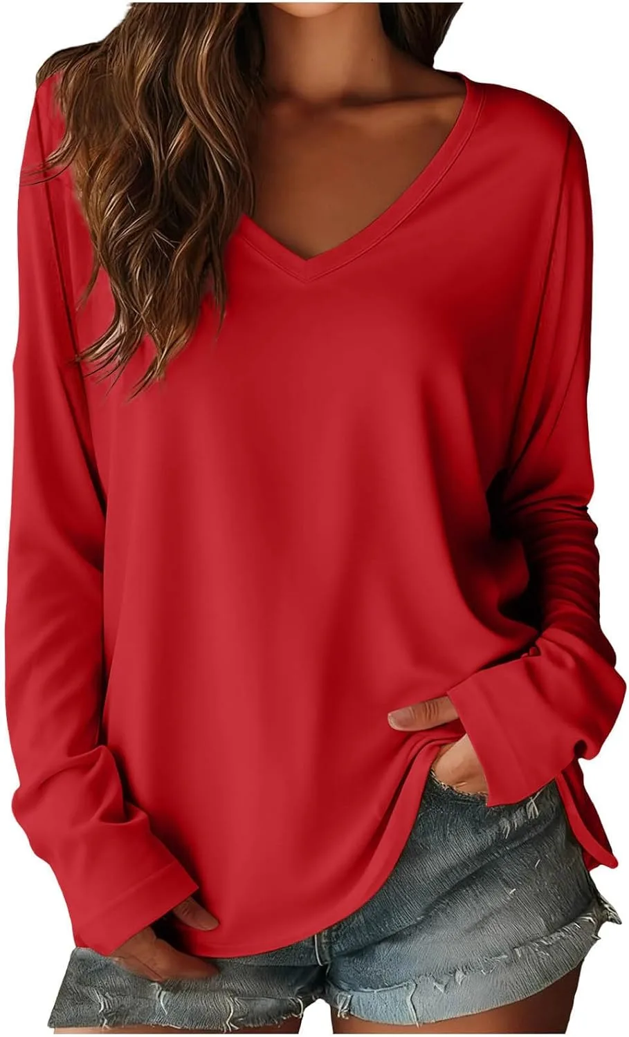 

Xiaojmake женская футболка с v-образным вырезом и длинным рукавом, базовая модель, свободный крой