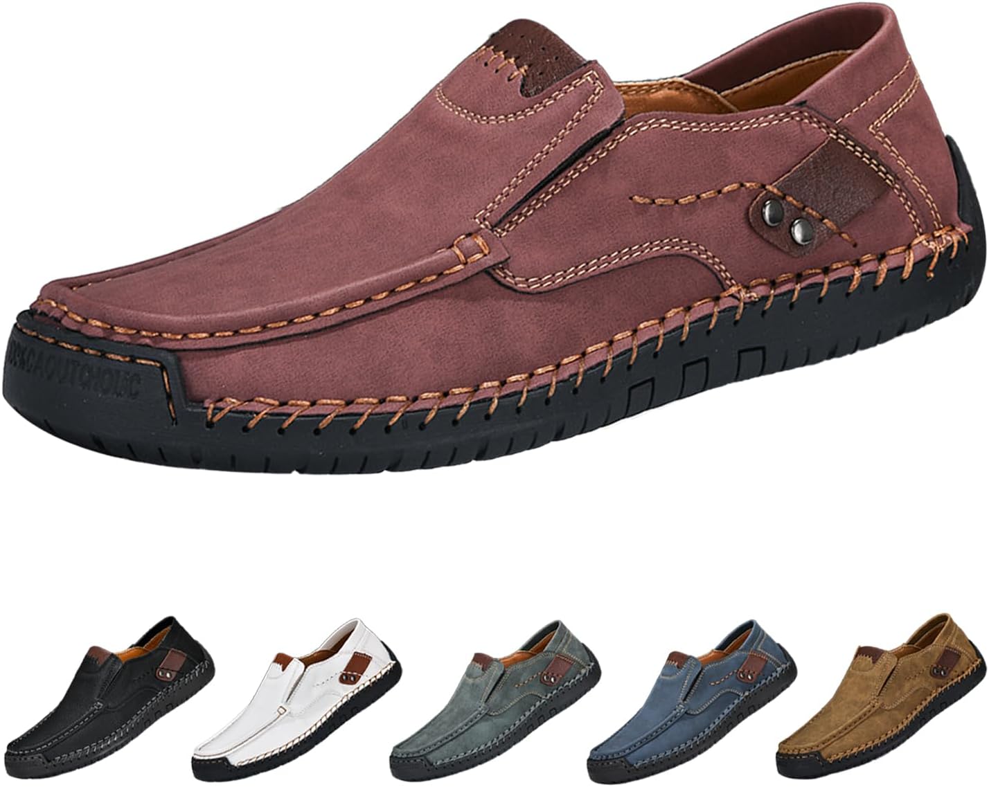 

Мужские кожаные повседневные слипоны-лоферы и ходьбы, винтажные модные удобные туфли с ручной строчкой, противоскользящие Hneowgn, красный