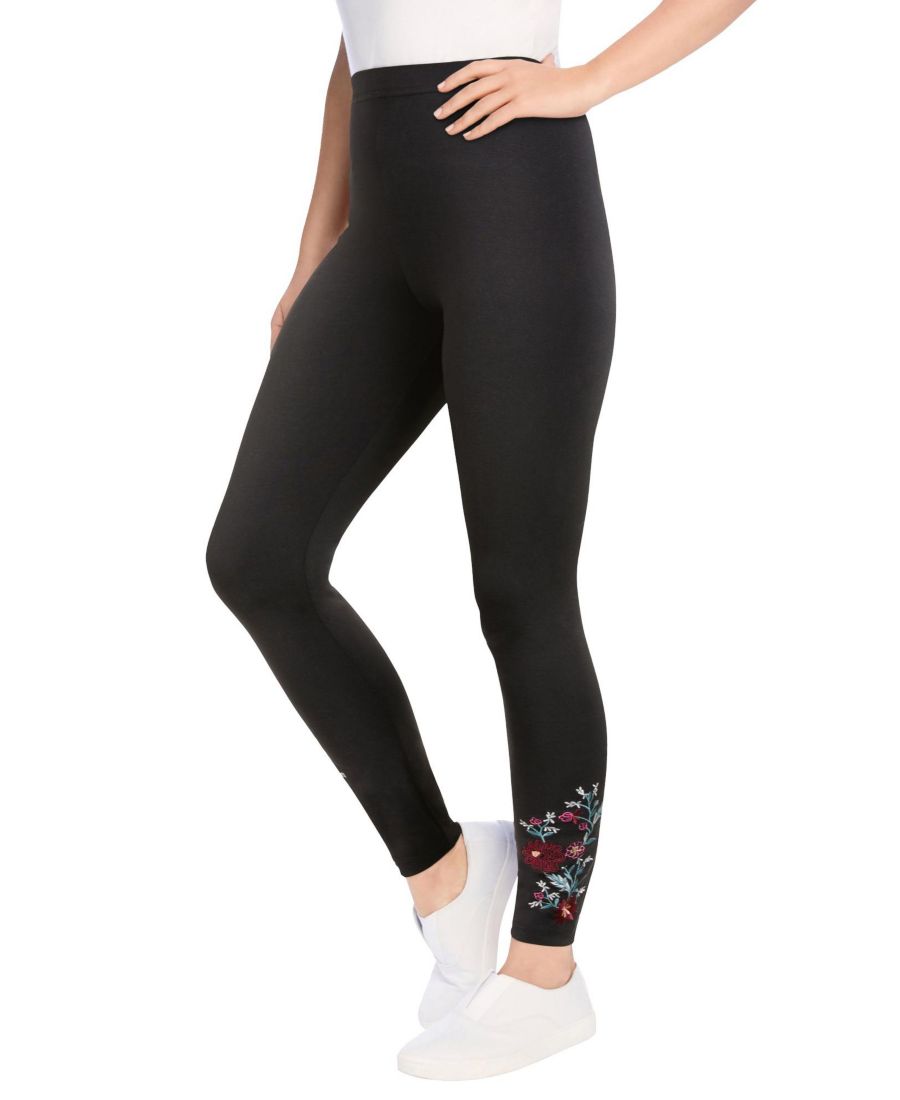 

Женские высокие леггинсы Within из эластичного хлопкового трикотажа с вышивкой Woman Within, Black floral embroidery