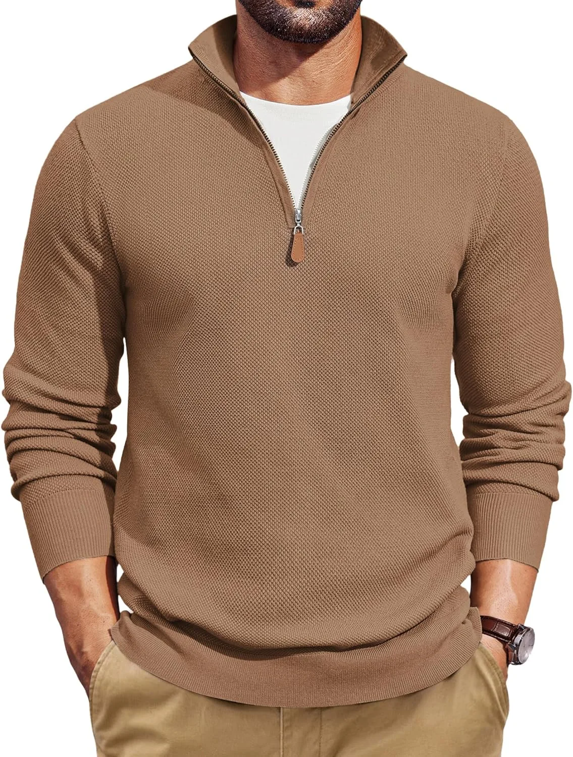 

COOFANDY мужской свитер с воротником стойкой и молнией на четверть, Slim Fit