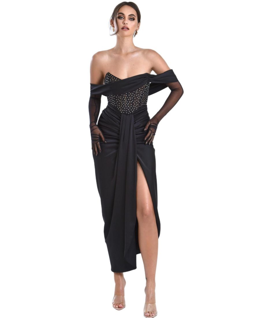 

Женское черное атласное платье Stella с открытыми плечами и кристальным корсетом Miss Circle, Black