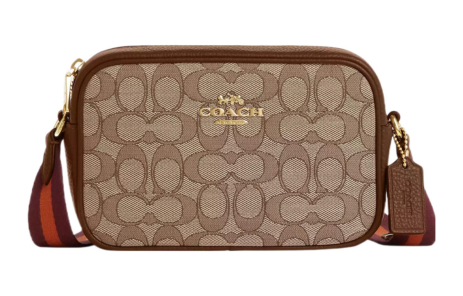 

COACH Дамская мини-сумка через плечо из джутовой ткани с кожаными вставками