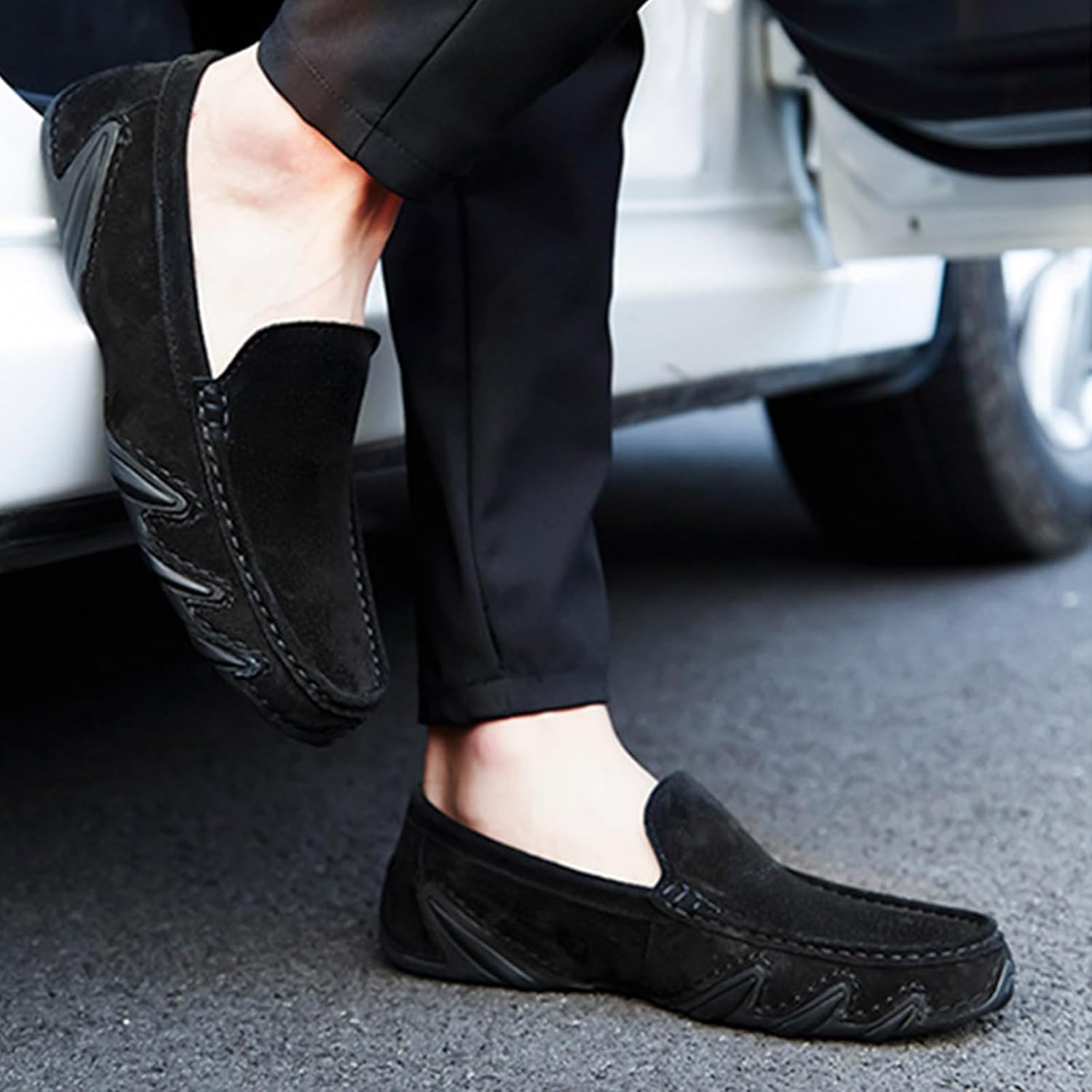 Мужские ручной работы замшевые лоферы с пенни, нескользящая мягкая подошва, слипоны-мокасины для повседневной носки, удобные деловые обувь для работы, прогулок и вождения Etoryoox, черный — фото 2