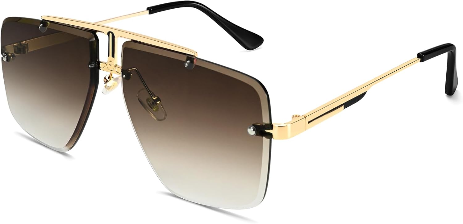 

Мужские квадратные солнцезащитные очки без оправы, модные, большие, с тонированными линзами, золотистой металлической оправой, защита от ультрафиолета UV400 Dollger, C3：gold Frame Gradient Brown Lenses