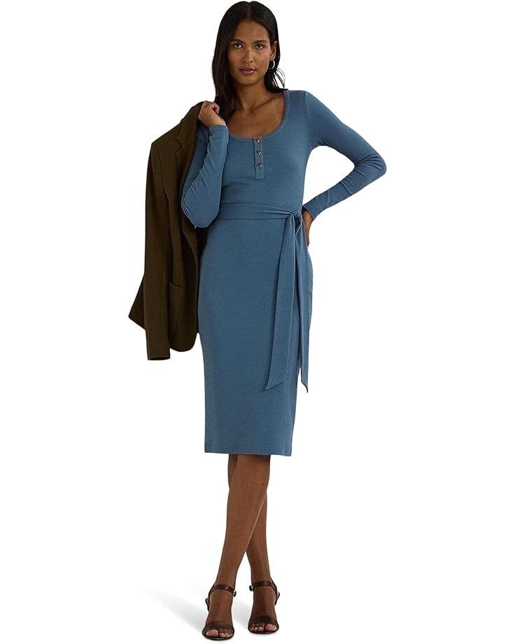 

Платье Lauren Ralph Lauren Belted Rib-Knit Henley Dress, цвет Blue Dusk