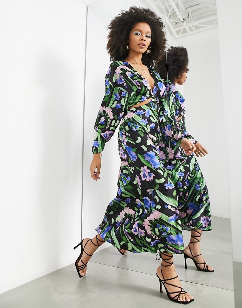 

ASOS Edition – атласное платье макси с вырезом, украшенным цветочным узором