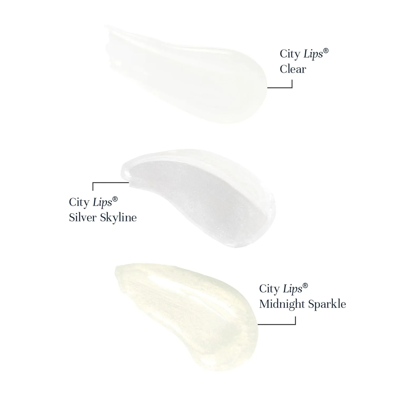 City Beauty City Lips Subtle Statement Bundle - Midnight Sparkle 0.16 oz, Clear 0.16 oz, Silver Skyline 0.16 oz - увлажняющий блеск для губ с гиалуроновой кислотой и пептидами, набор из 3 штук — фото 2