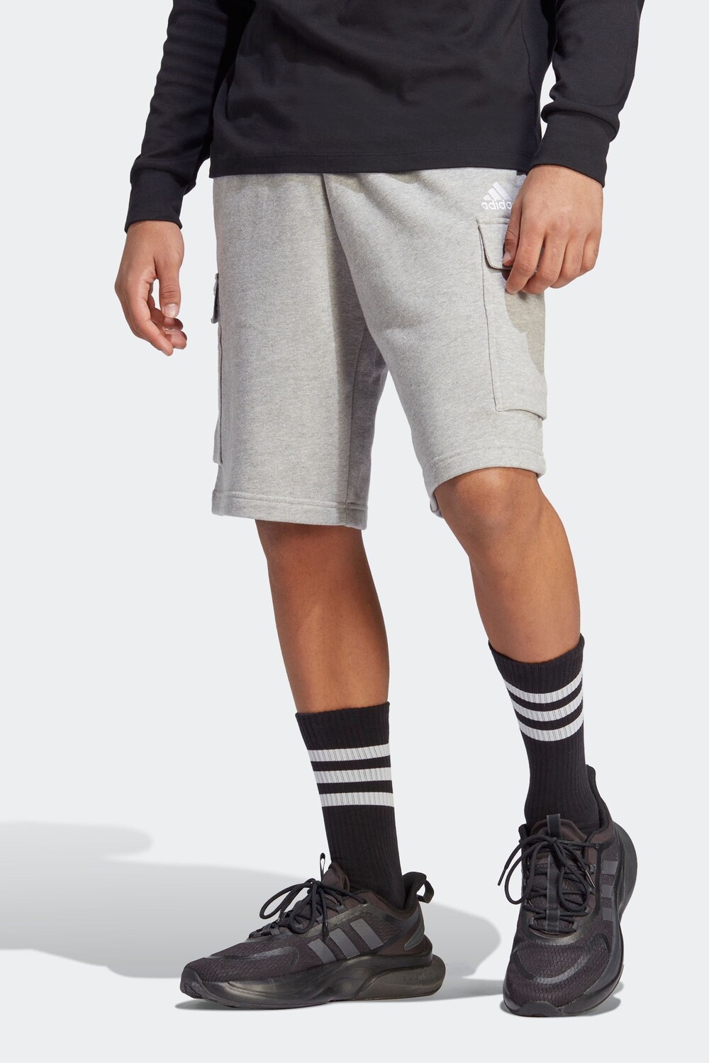 

Шорты карго из 100% хлопка, французский трикотаж, базовые детали Adidas, серый