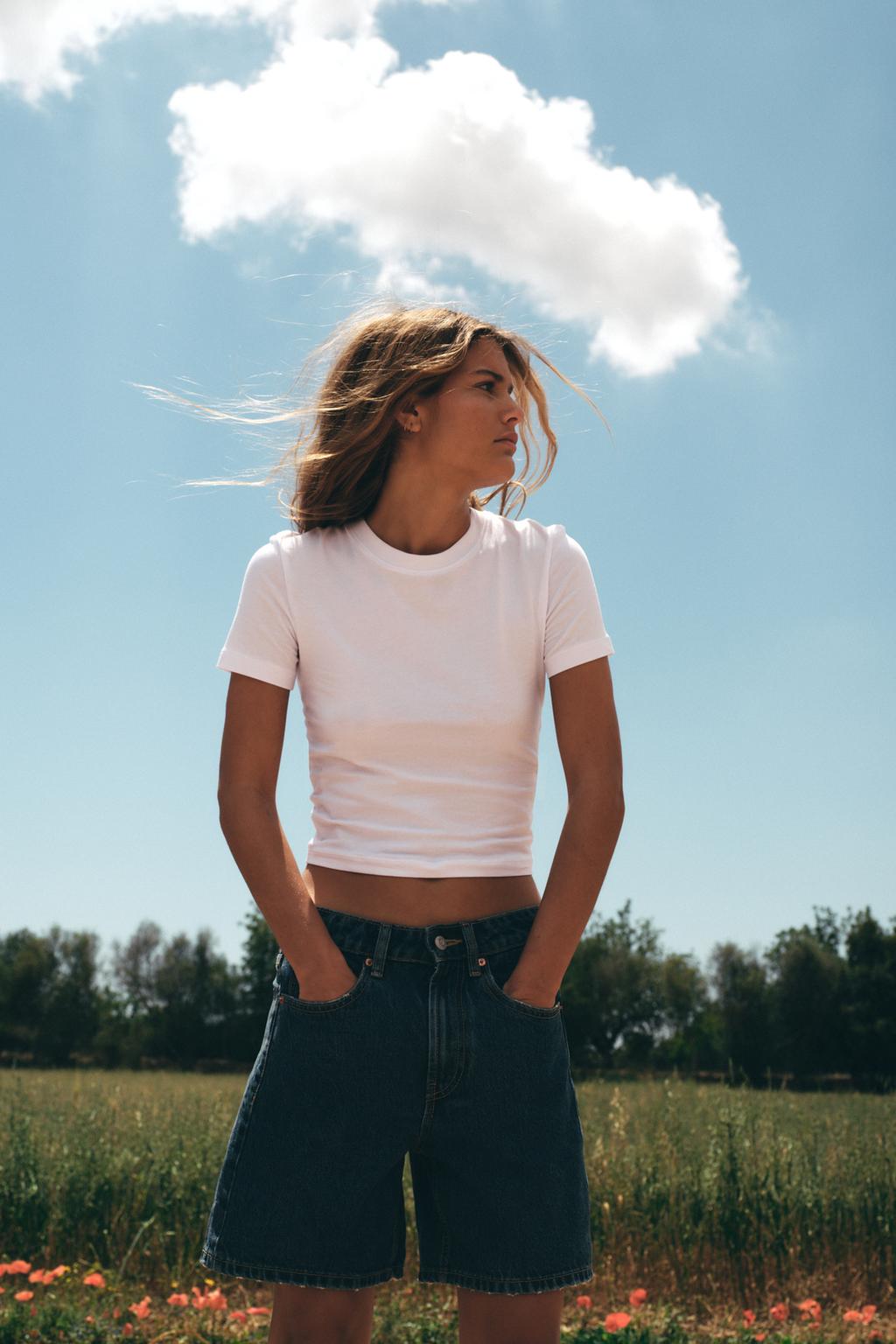 

Джинсовые шорты-бермуды trf средней посадки ZARA, синий
